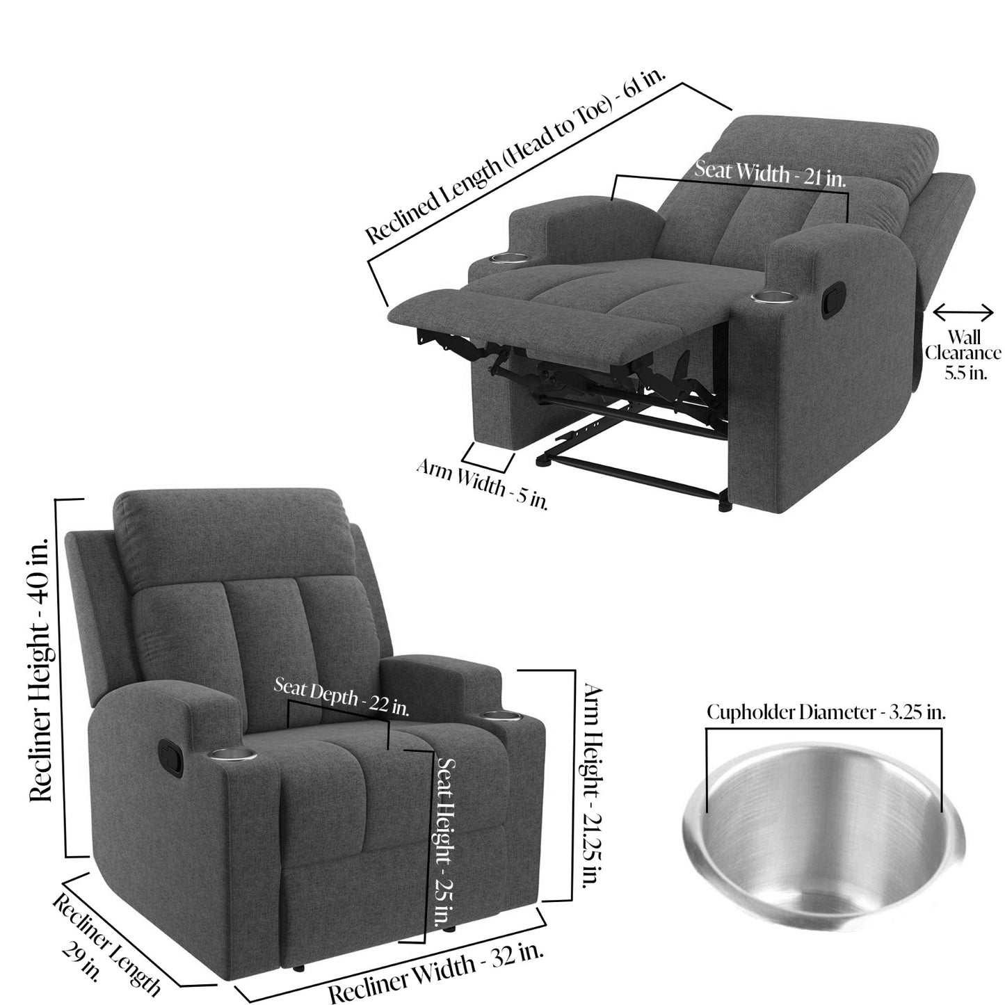 Ergorest Gray Recliner Armchair with Cupholders