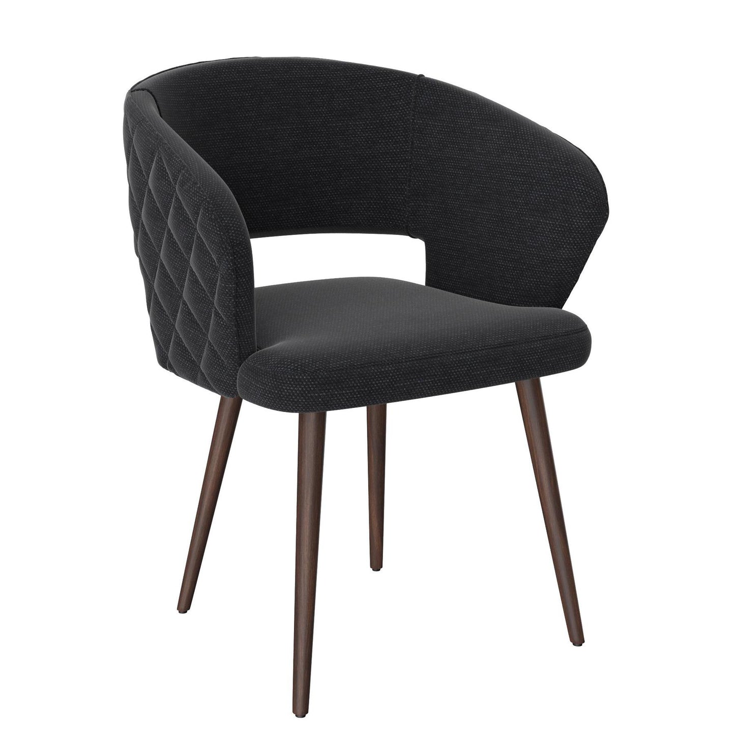 Napoli Barrel Back , Mid-Century Modern design, upholstered dining chair in Black with Brown Wood legs in white background the front view.