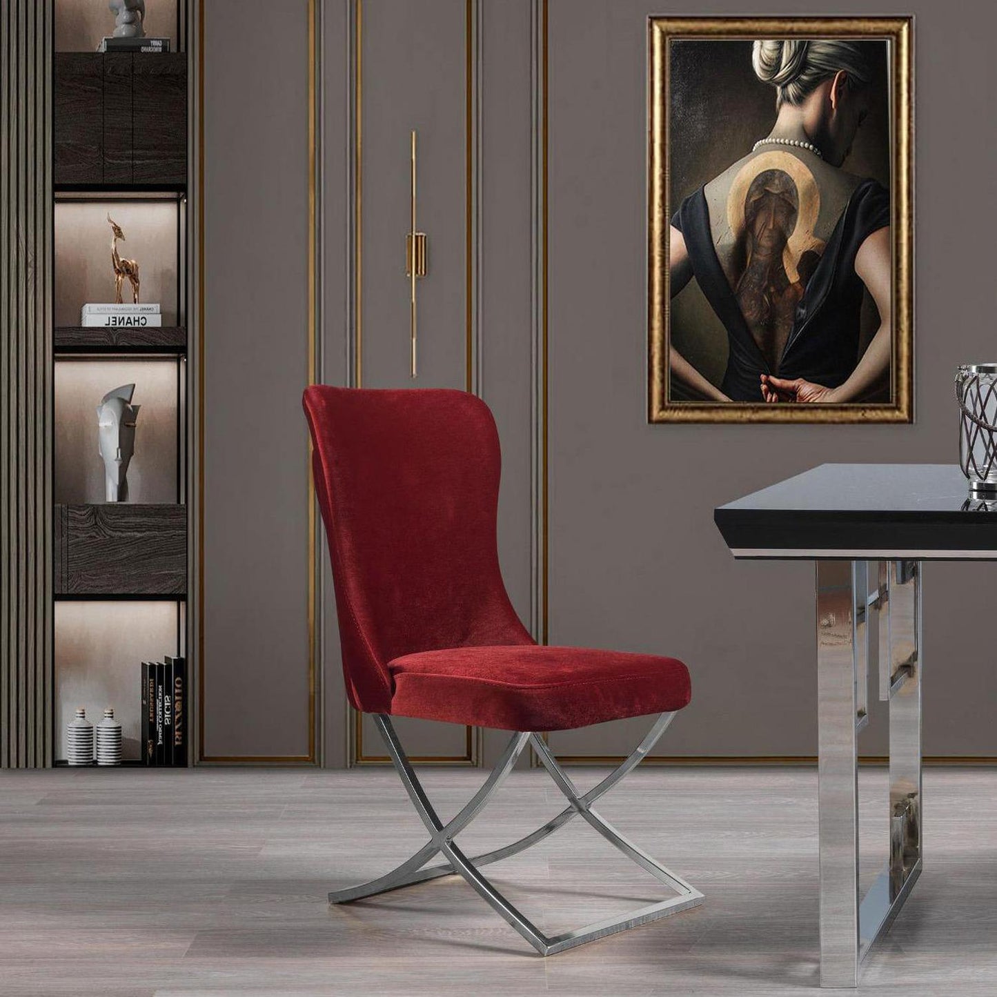 Sultan Collection Wing Back, Modern design, upholstered dining chair in  with   legs in a dining room with set of four chairs around a round table.